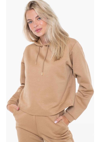 Kadın Scuba Fermuarlı Kapüşonlu Logolu Sweatshirt - Bej