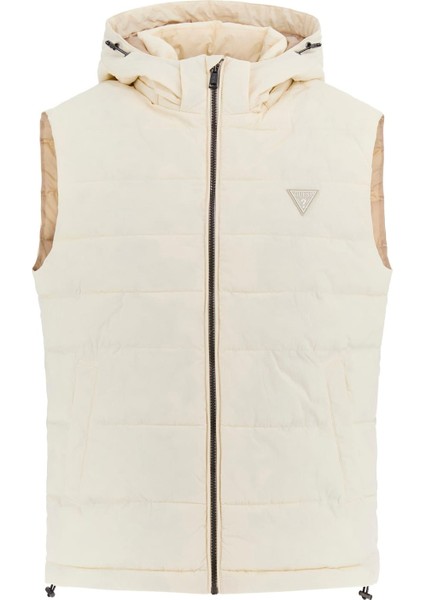 Erkek Kapüşonlu Fermuarlı Şişme Yelek - Beyaz