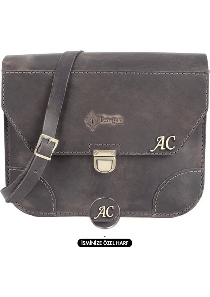 Isme Özel Günlük Orta Boy Omuz Çantası - %100 Crazy Deri - AC03002 - Antrasit