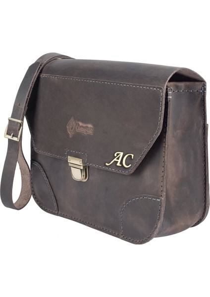 Isme Özel Günlük Orta Boy Omuz Çantası - %100 Crazy Deri - AC03002 - Antrasit modelleri