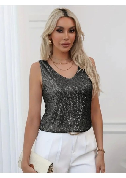 Pul Payetli Sıfır Kol Bluz -Siyah modelleri