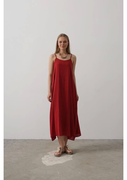 Askılı Uzun Çan Elbise - Bordo