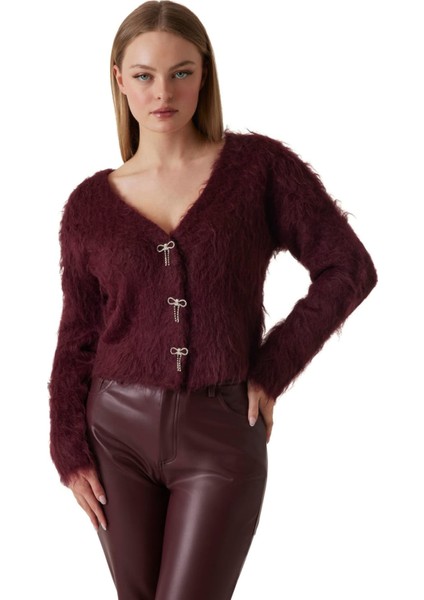 Kadın Taşlı Düğmeli V Yakalı Tüylü Triko Hırka - Bordo