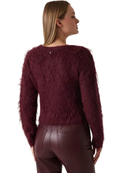 Kadın Taşlı Düğmeli V Yakalı Tüylü Triko Hırka - Bordo fiyatları