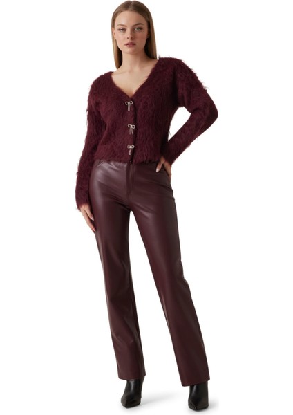 Kadın Taşlı Düğmeli V Yakalı Tüylü Triko Hırka - Bordo modelleri
