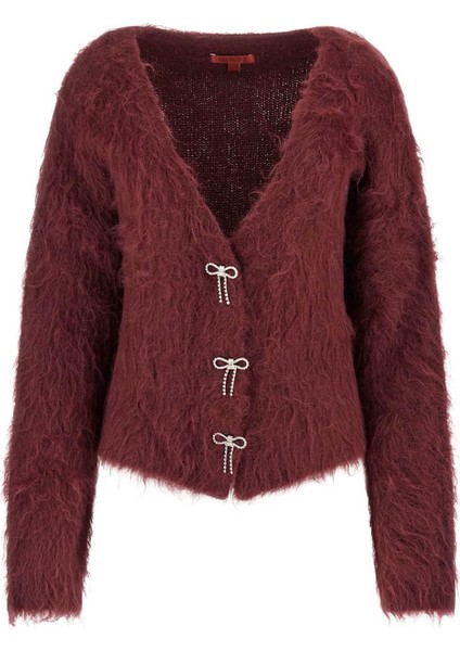 Kadın Taşlı Düğmeli V Yakalı Tüylü Triko Hırka - Bordo fırsatları