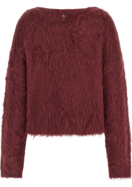 Kadın Taşlı Düğmeli V Yakalı Tüylü Triko Hırka - Bordo indirimleri