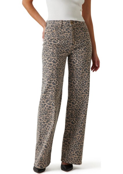 Kadın Leopar Desenli Relaxed Fit Geniş Paça Pantolon - Mix