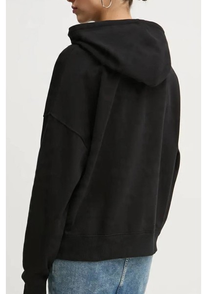 Kadın Kapüşonlu Nakış Logolu Oversize Sweatshirt - Siyah fiyatları