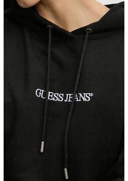 Kadın Kapüşonlu Nakış Logolu Oversize Sweatshirt - Siyah modelleri