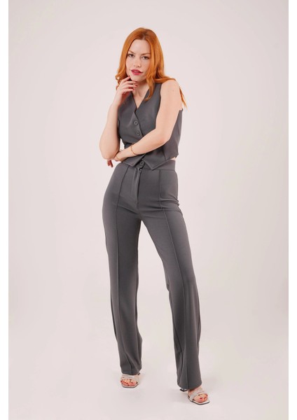 Ön Dikiş Detaylı Tek Düğme Gri Pantolon