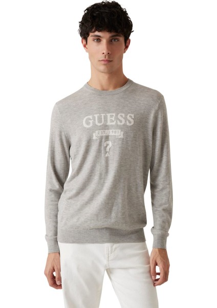 Erkek Grafik Baskılı Bisiklet Yakalı Triko Kazak - Gri