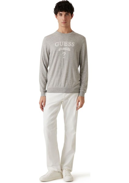 Erkek Grafik Baskılı Bisiklet Yakalı Triko Kazak - Gri modelleri