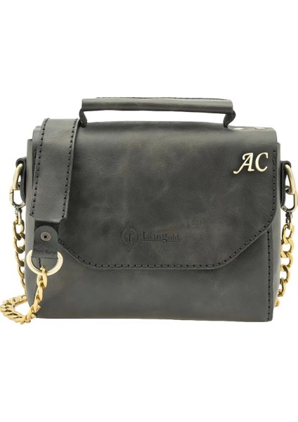 Isme Özel Çıtçıtlı Zincirli Küçük Boy El Omuz Çantası - %100 Deri - AC03001 - Antrasit fiyatları