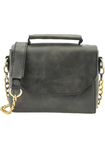 Isme Özel Çıtçıtlı Zincirli Küçük Boy El Omuz Çantası - %100 Deri - AC03001 - Antrasit modelleri