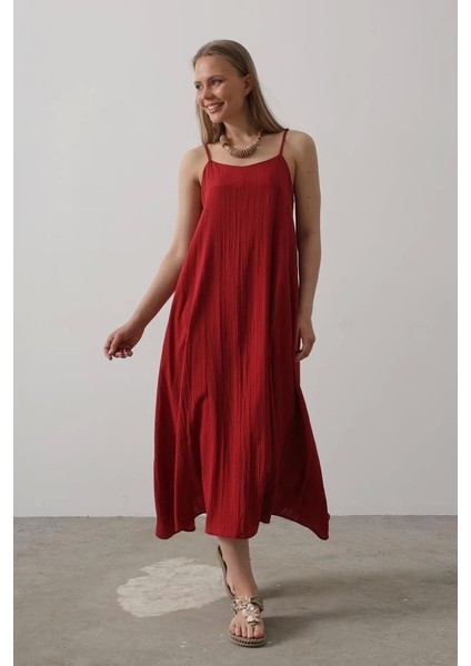 Askılı Uzun Çan Elbise - Bordo fırsatları