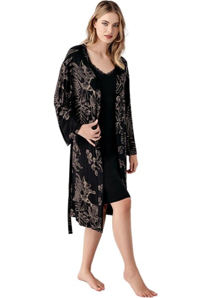 Kadın Siyah 2'li Gecelik Sabahlık Takım 3441