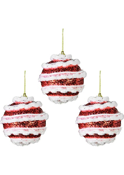Yılbaşı Süsü Dantelli Pullu 3'lü Top Kırmızı Beyaz 8 cm