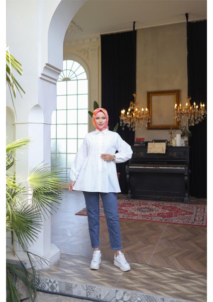 Kolları Lastikli Belden Büzgülü Bağcık Düğmeli Gömlek - (38-46) - 71302 - Ekru modelleri