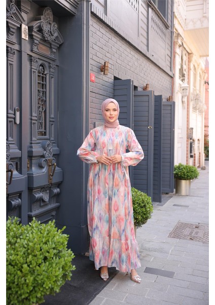 O Yaka Çiçek Desenli Büzgülü Uzun Elbise - (38-46) - 71290 - Pembe