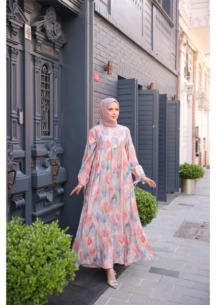 O Yaka Çiçek Desenli Büzgülü Uzun Elbise - (38-46) - 71290 - Pembe fiyatları