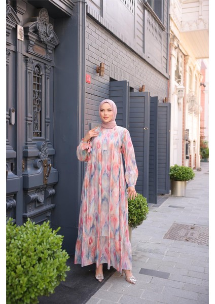 O Yaka Çiçek Desenli Büzgülü Uzun Elbise - (38-46) - 71290 - Pembe modelleri