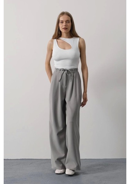 Pileli Bağcıklı Oversize Pantolon - Gri modelleri