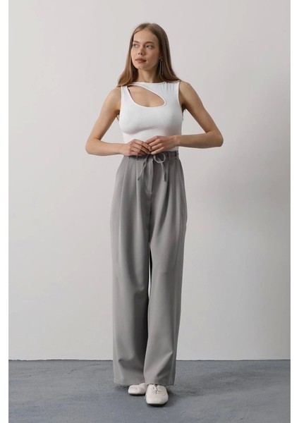 Pileli Bağcıklı Oversize Pantolon - Gri fırsatları