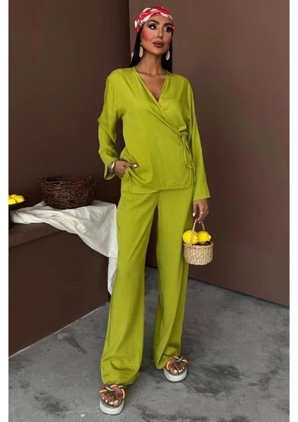 Kruvaze Model Klasik Pantolonlu Çupra Keten Takım 10191