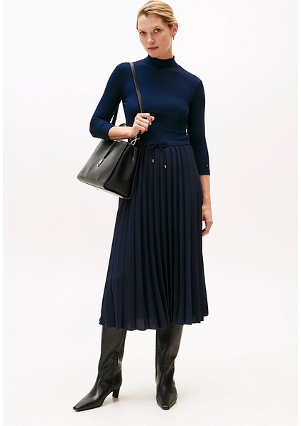 Kadın Fitilli Beli Büzgülü Eteği Piliseli Midi Elbise - Lacivert