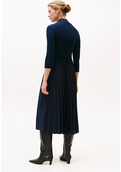 Kadın Fitilli Beli Büzgülü Eteği Piliseli Midi Elbise - Lacivert fiyatları