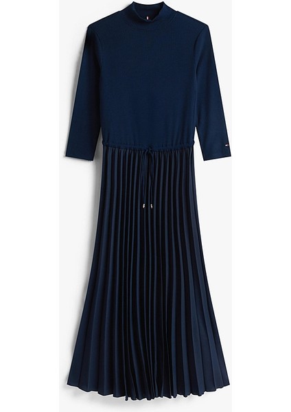 Kadın Fitilli Beli Büzgülü Eteği Piliseli Midi Elbise - Lacivert indirimleri