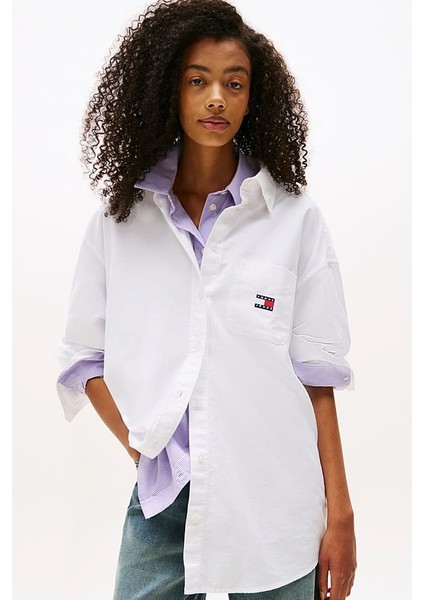 Kadın Oversize Cep Detaylı Gömlek - Beyaz