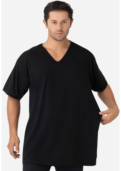 Erkek Siyah V Yaka Kısa Kollu Büyük Beden Basic Tişört %100 Pamuklu Penye