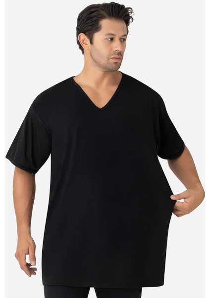 Erkek Siyah V Yaka Kısa Kollu Büyük Beden Basic Tişört %100 Pamuklu Penye fiyatları