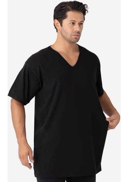 Erkek Siyah V Yaka Kısa Kollu Büyük Beden Basic Tişört %100 Pamuklu Penye modelleri
