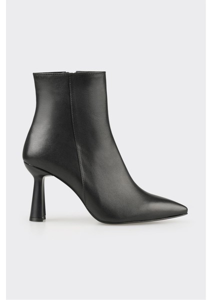Siyah Deri Kadın Topuklu Bot