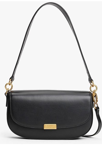 Kadın Kapaklı Metal Logolu Omuz Çantası - Siyah