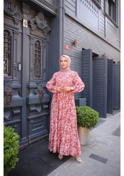 O Yaka Çiçek Desenli Büzgülü Uzun Elbise - (38-46) - 71290 - Nar Çiçeği modelleri
