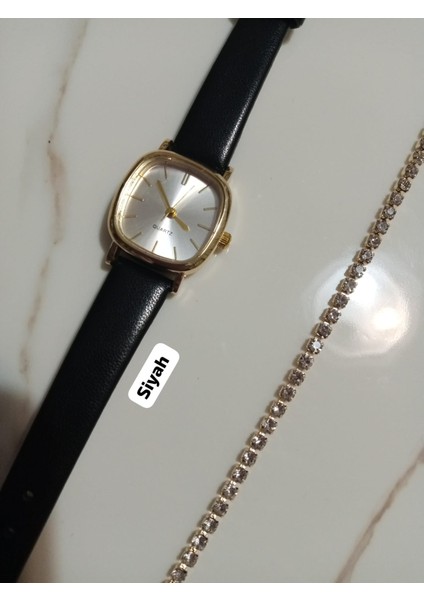 Siyah Kordon Retro Still Marka Model Vintage Oval Gold Kasa Kadın Kol Saati 0021