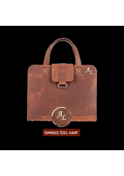 Isme Özel Crazy Büyük Boy Laptop Çantası - %100 Crazy Deri - AC09005 - Taba