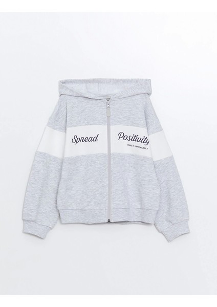 Lcw Kids Gri Kapüşonlu Baskılı Uzun Kollu Kız Çocuk Fermuarlı Sweatshirt