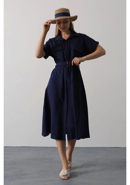 Kuşaklı Cep Detaylı Yarım Kol Elbise - Lacivert