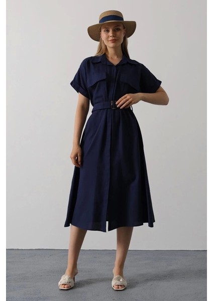Kuşaklı Cep Detaylı Yarım Kol Elbise - Lacivert modelleri