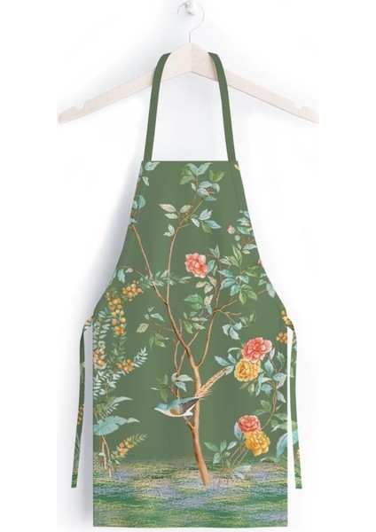 Yeşil Çiçek Detaylı Mutfak Önlüğü (Keten Kumaş, Uluslararası Yıkama ve Solmama Sertifikası)