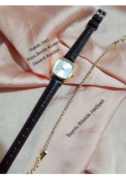 Bordo Kordon Retro Still Marka Model Vintage Oval Bileklikli Gold Kasa Kadın Kol Saati 0021