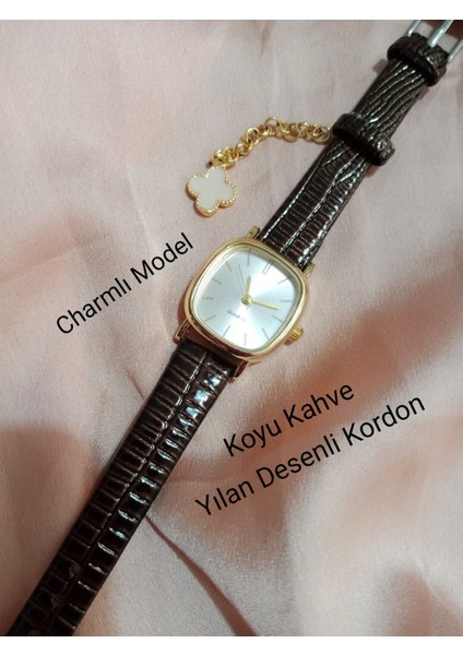 Marka Model Retro Still Vintage Oval Charmlı Gold Kasa - Koyu Kahve Kordon Kadın Kol Saati 0021