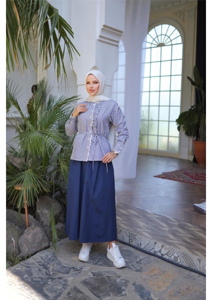 Belden Bağcıklı Fırfır Detalı Gömlek - Etek Takımı - (38-46) - 71303 - Lacivert