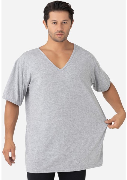 Erkek Gri V Yaka Kısa Kollu Büyük Beden Basic Tişört %100 Pamuklu Penye