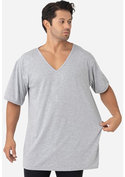 Erkek Gri V Yaka Kısa Kollu Büyük Beden Basic Tişört %100 Pamuklu Penye fiyatları